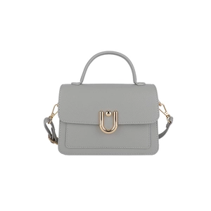 Minimalist grey lychee textured leather handbag with elegant golden U-shaped buckle closure
