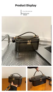 Detail of translucent black square box bag with gold zipper and woven letter shoulder strap