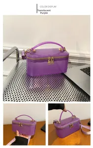 Detail of translucent purple PVC box bag featuring gold zippers and lettered strap
