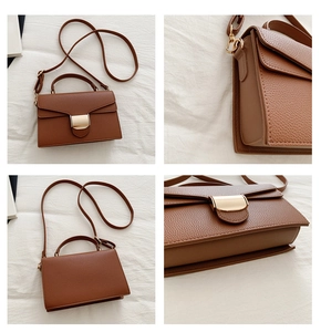 Vues détaillées du sac en cuir marron avec boucle dorée en U et texture grainée fine