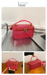 Detail view of transparent rose red PVC box bag with dual gold zippers and lettered strap