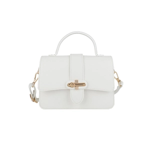 Elegant white litchi pattern leather handbag with gold metal lock and top handle