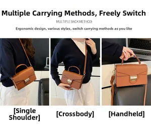 Brown litchi grain leather crossbody bag showing handheld, shoulder and crossbody modes