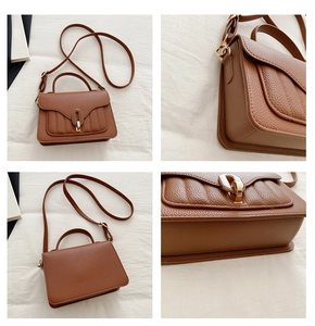 Vues détaillées du sac à main marron en cuir grainé avec coutures et fermoir métallique