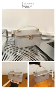 Macro detail of a clear box bag featuring a gold zipper and acrylic handle with a wide strap