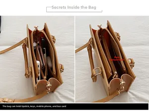 Detail view of khaki PU crossbody bag with multi-layer interior for phone and cosmetics