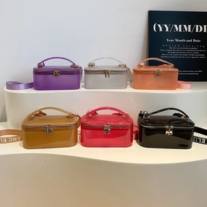 Women Transparent Jelly Box Bag Shiny PVC PU Crossbody Handbag With Letter Print Webbing Strap Small Square Purse