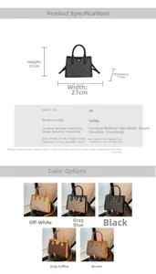 Detail view of large capacity PU tote bag with monogram pattern and gold metal logo