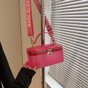 Pink translucent PVC box bag with wide logo strap and double metal zippers for women