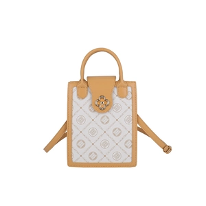 Classic white and brown patterned crossbody phone bag with a golden floral metal clasp