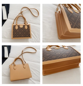 Detail view showing four angles of a khaki monogram crossbody bag with twin handles