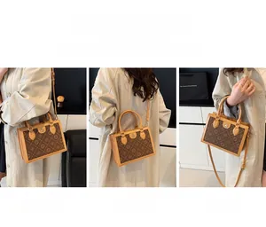 Detailed views of vintage brown patterned square bag showing crossbody and tote carry styles