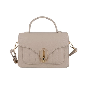 Sac à main beige motif litchi avec poignée ronde et fermoir tournant en métal doré ovale