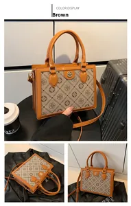 Detailed views of a brown retro box bag with round logo and adjustable shoulder strap