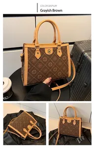 Detailed views of the grayish brown tote bag with classic pattern and gold hardware
