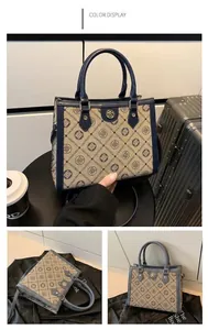 Detailed views of the grey blue tote bag with pattern and interior storage space