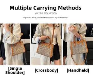 Three-way carry style of a brown monogram tote bag including shoulder, crossbody, and hand-held