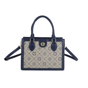 Retro navy jacquard crossbody bag with CACATOES monogram and gold logo emblem