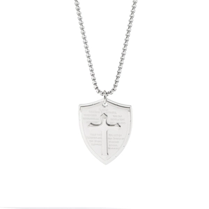 Collana con ciondolo a scudo, croce e versetto biblico inciso in acciaio inossidabile