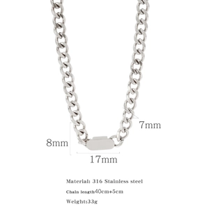 Details van de 7mm roestvrijstalen schakelketting met 17x8mm ovale tag en 45cm totale lengte