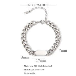 Details van zilveren 316L roestvrijstalen schakelarmband met ovale plaquette