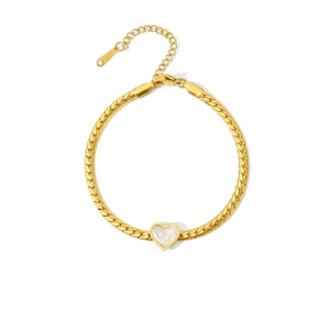 Bracelet élégant à pendentif cœur doré avec nacre blanche et chaîne en maille serpent