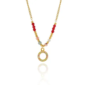 Edelstahl Boho Bunte Perlen Halskette Kreisanhänger Mit Bunten Zirkonia Gold O-Kette Mode Damen Schmuck