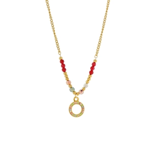 Böhmische Goldkette mit buntem Stein-Inlay-Rundanhänger und farbigen Perlen
