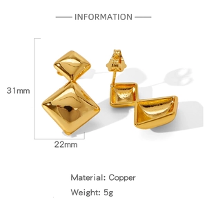 Detaillierte Maße der goldenen geometrischen Rauten-Ohrringe aus Kupfer, Gewicht 5 Gramm