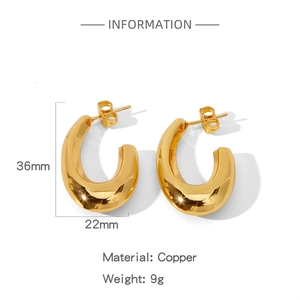 Detail showing 36x22mm gold plated copper hoop earrings with weight and size info