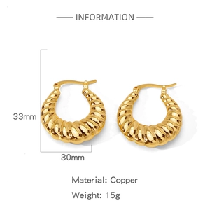 Detailed view of golden copper croissant hoop earrings with 33x30mm size specifications