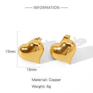 Detailed size and specs of these 15mm gold heart earrings made of polished copper