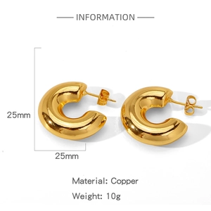 Detailed specs for thick gold C-shaped earrings made of polished copper measuring 25mm