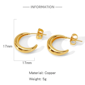 Detailed view of irregular golden C-shaped copper earrings with size and weight specs
