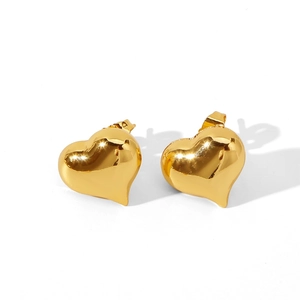 Minimalist gold heart-shaped stud earrings with high-polish mirror finish and geometric style