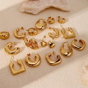 Geometric Gold Plated Copper Hoop Earrings For Women Minimalist C-Shaped Heart Square Wave Pattern Fashion Jewelry Accessories