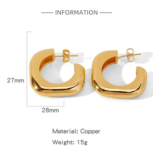Polished gold square geometric earrings detail with copper material and size measurements