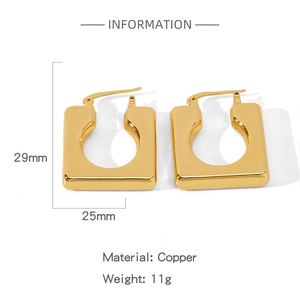 Detail showing dimensions and material of gold-plated square hoop earrings in copper