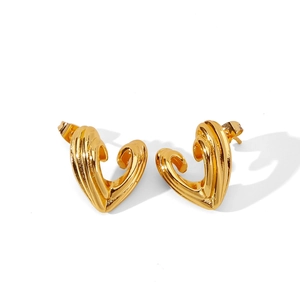 Polished gold heart hoop earrings with textured relief design for women