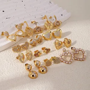 Elegant Gold Plated Copper Zircon Stud Earrings Heart Planet Star Design Shiny Cubic Zirconia Jewelry For Women