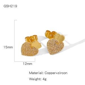 Detailed view of gold copper heart earrings featuring sparkling zircon pave in 15mm size