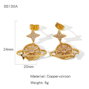Detail view of Saturn planet and star earrings in copper with zircon stones