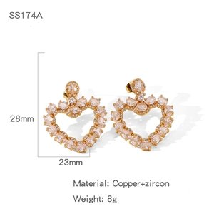 Detail view of heart planet earrings with zircon showing dimensions 28mm by 23mm