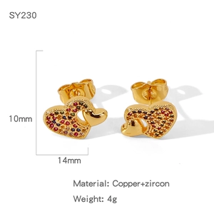 Detail view showing dimensions of double heart zircon earrings in copper gold finish