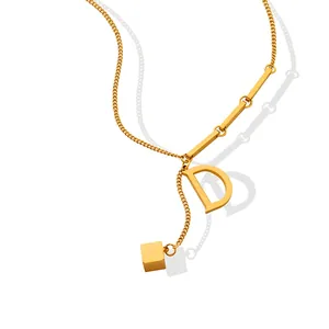 Fashion Stainless Steel Letter Pendant Necklace For Women Gold Plated Alphabet Initial Cube Charm Necklace Minimalist Jewelry