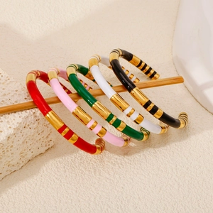 Retro 316 Stainless Steel Bamboo Joint Enamel Open Cuff Bracelet Colorful Drip Oil Striped Bangle Women Fashion Jewelry