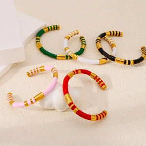 Retro bamboo-style open enamel bracelets with gold plating in five vibrant colors