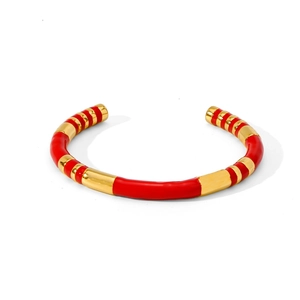 Vintage bamboo style red enamel and gold-plated open cuff bracelet for women