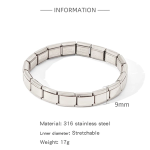 Detail view of 9mm wide 316 stainless steel elastic bracelet with modular link texture