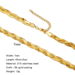 Detailed specs of 7mm 18k gold plated stainless steel triple layer woven blade necklace